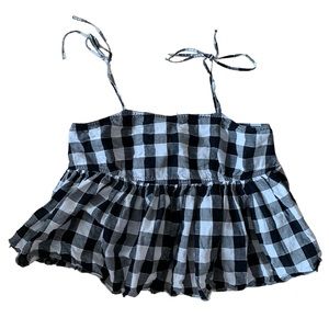 DEX size small black & white plaid crop top peplum style with spaghetti ties